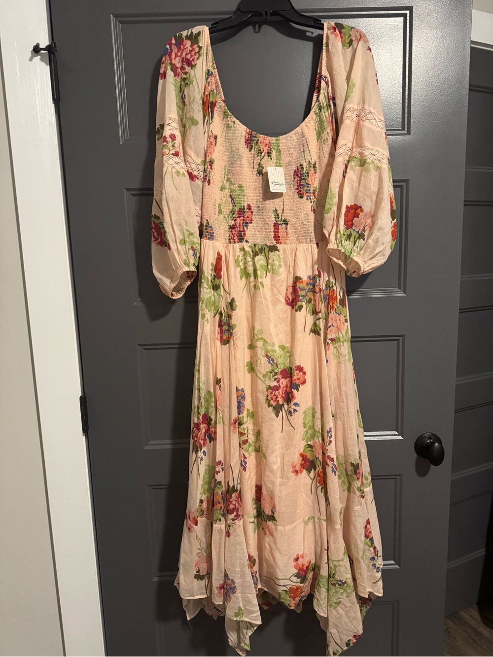 Free People Peach Floral Maxi Dress with Puff Sleeves
